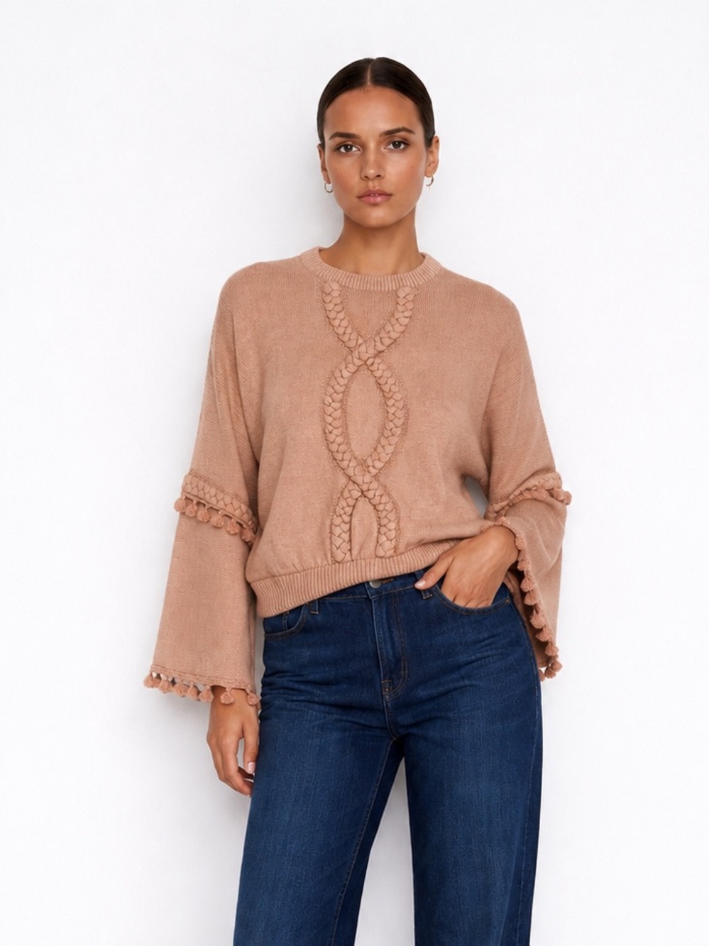 Cozy Cable Knit Scoop Sweater in Taupe
